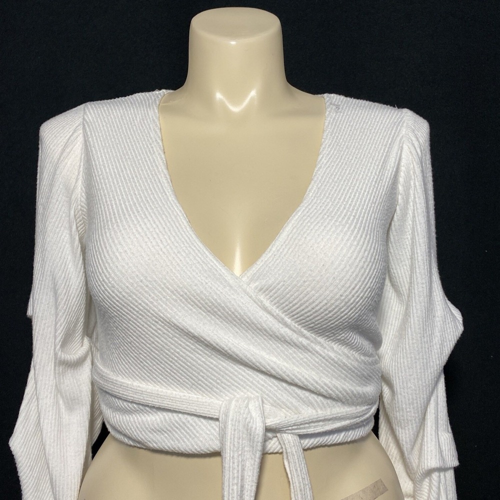 4SI3NNA Wrap Top LARGE White Stretch Rib Long Poet Sleeve Wrap Romantic‎ Top